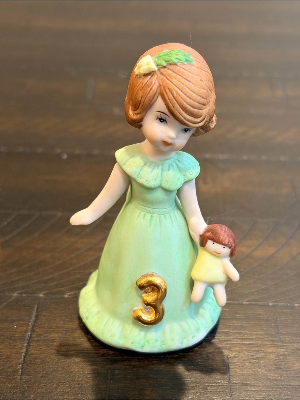 Enesco Growing Up Birthday Girl Age 3 Figurine Green Dress 1982 Vintage